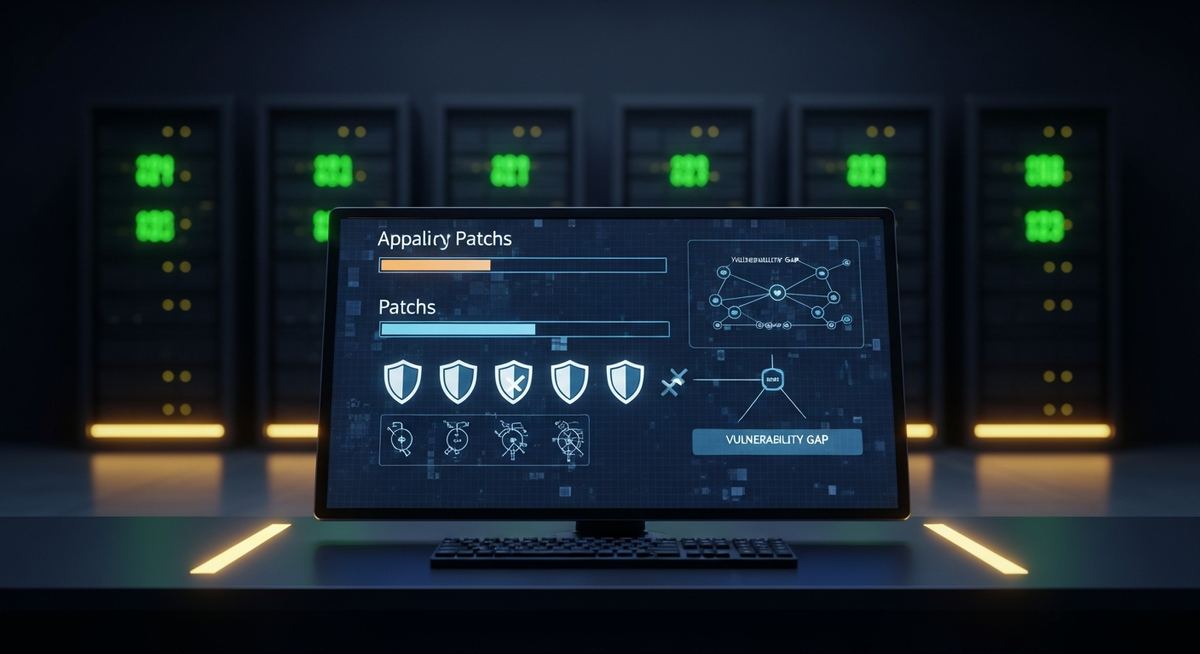 IT administrator monitoring patch management dashboard showing current OS and third-party application patch status, critical CVE deployment, and compliance reporting across business endpoints