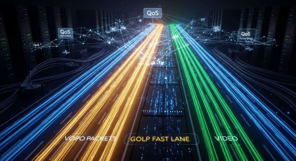 Network engineer configuring QoS policy on business switch and router showing voice traffic prioritization, DSCP marking, and queue management for VoIP call quality
