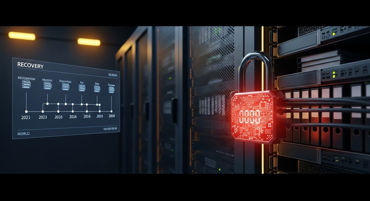 Incident response team executing ransomware recovery playbook with isolation procedures, backup restoration validation, forensic preservation, and stakeholder communication coordination