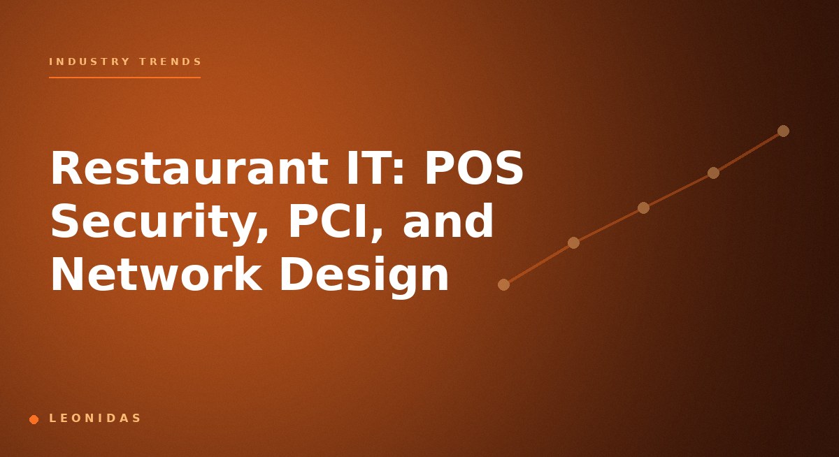 Restaurant manager reviewing POS system with EMV-compliant payment terminal, kitchen display integration, PCI-compliant network segmentation, and offline-mode capability