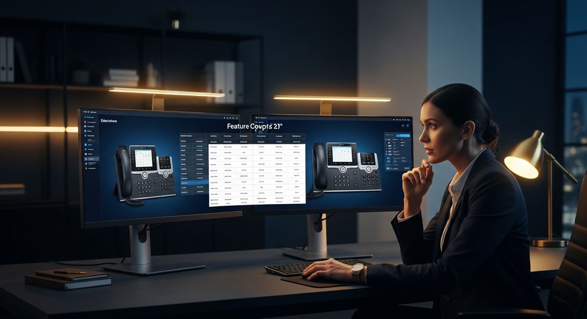 Side-by-side comparison of RingCentral and Microsoft Teams Phone interfaces showing dialer, call analytics, and admin console differences for business voice deployments