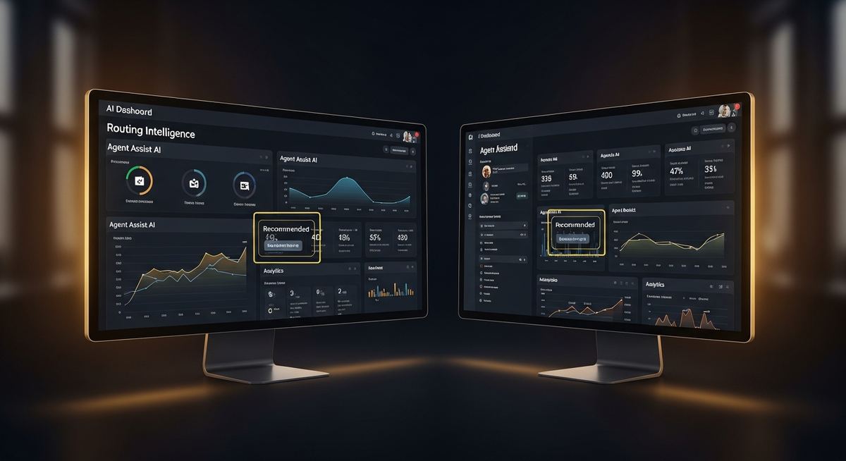 Side-by-side comparison of RingCX and Five9 contact center platform dashboards showing agent interface, AI features, and reporting differences for mid-market deployments