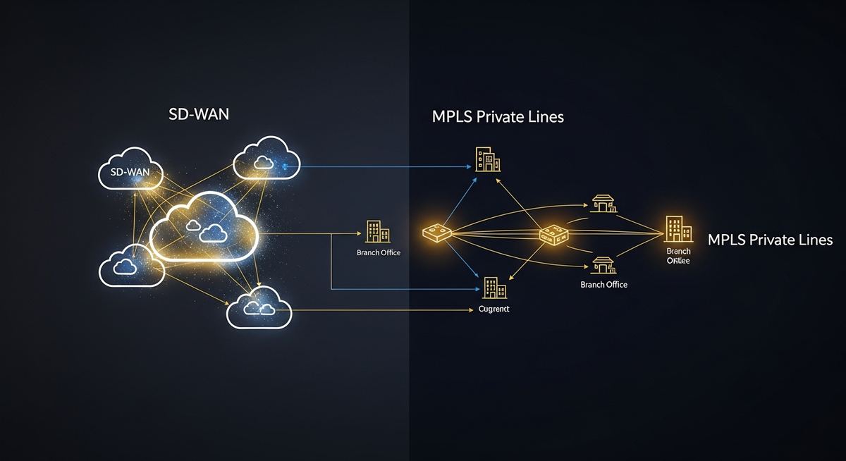 Network architecture comparison showing MPLS private circuits between business locations versus SD-WAN overlay using multiple internet transports with intelligent path selection