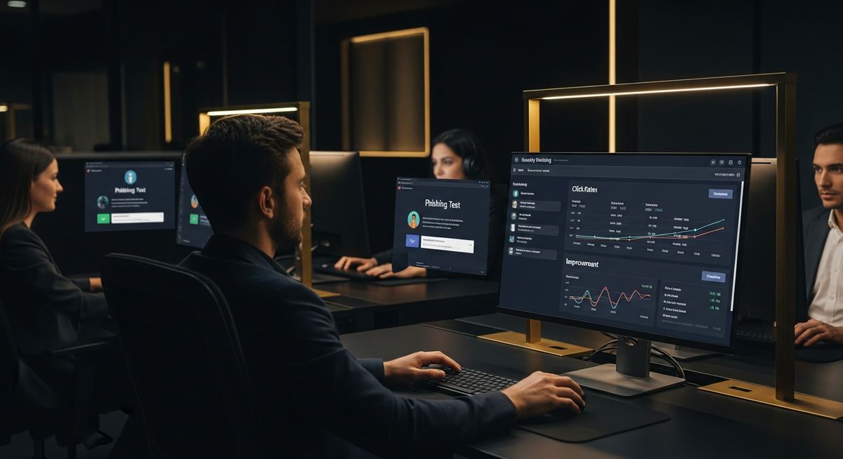 Effective security awareness training session combining brief role-specific modules, realistic phishing simulations, immediate feedback, and behavioral coaching rather than annual click-through compliance