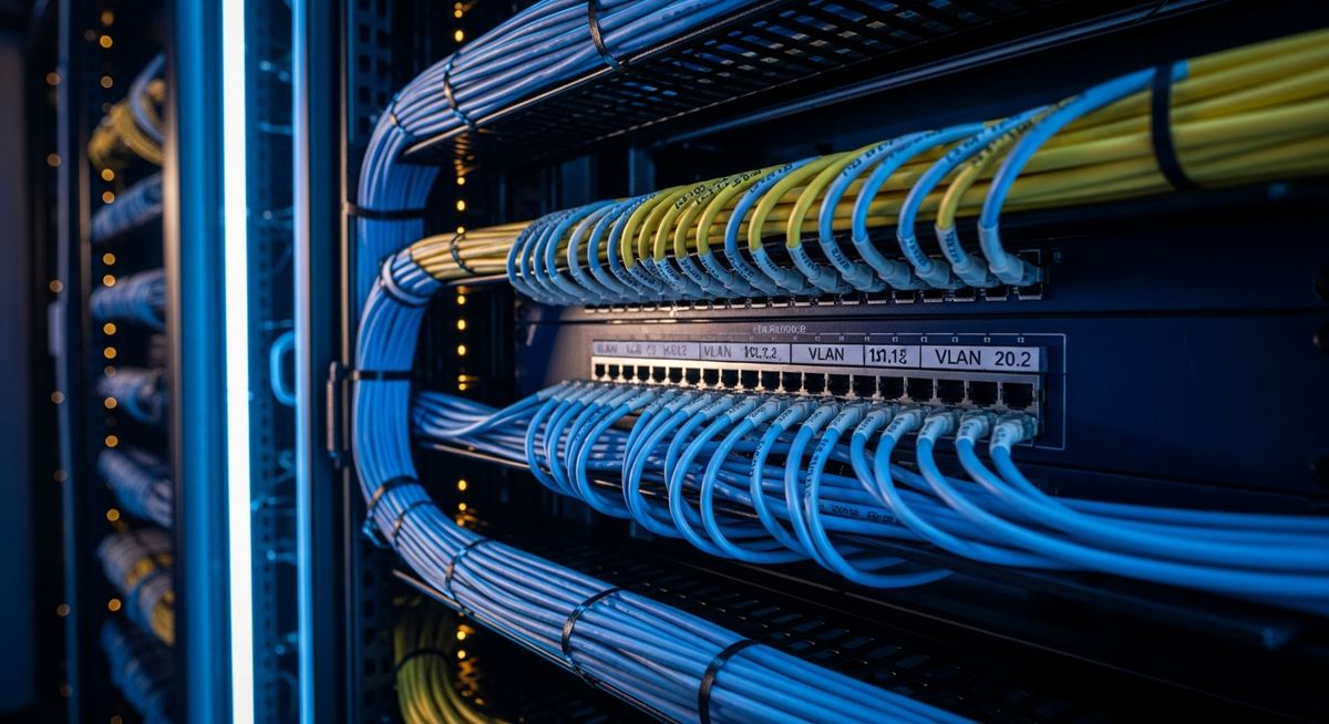 Clean professional telecommunications room with organized patch panel, labeled cable runs, and structured cable management in a commercial building installation