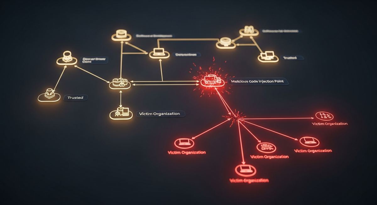 Supply chain attack diagram showing how attackers compromise software vendors, MSPs, and SaaS providers to gain access to downstream customer organizations