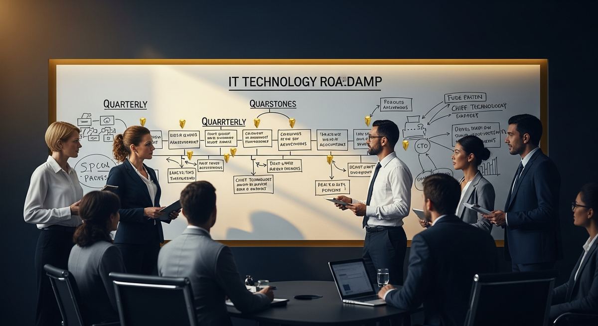 Multi-year business technology roadmap on whiteboard showing planned infrastructure refreshes, security investments, application modernization, and capability uplifts with timing