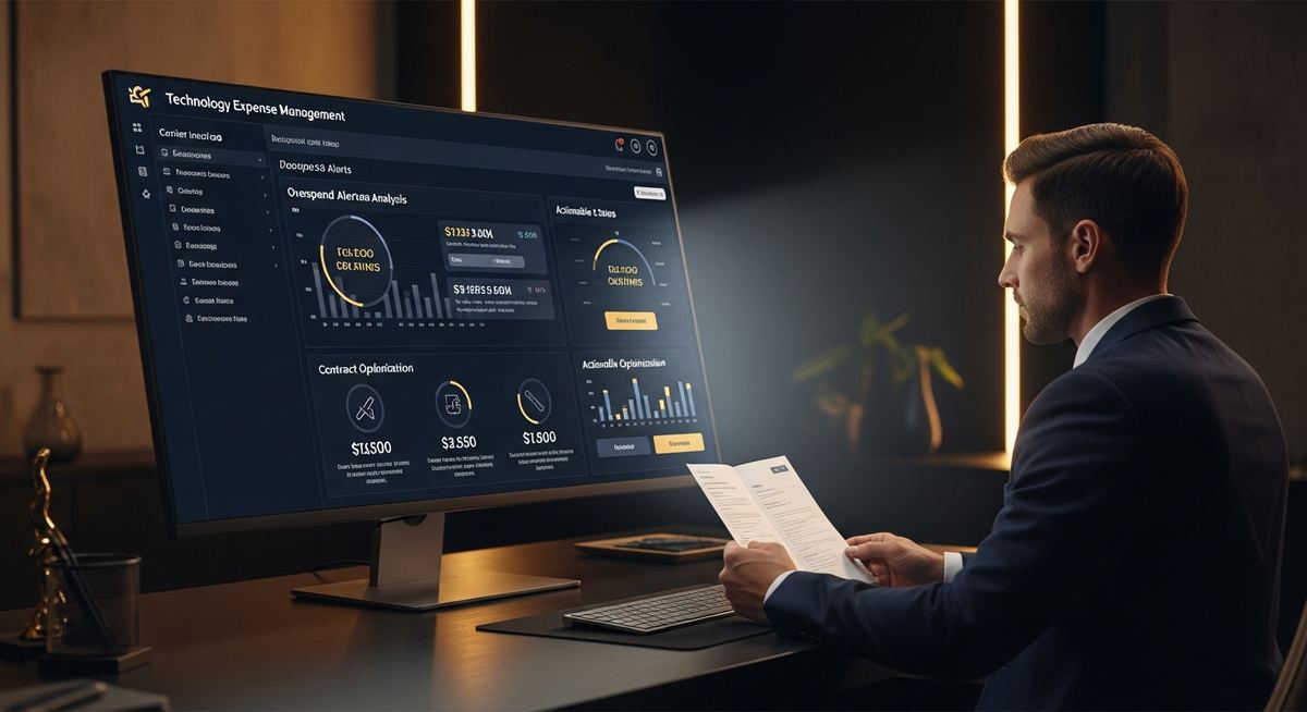 Finance manager reviewing detailed telecom invoice with highlighted line items, calculator, and spreadsheet showing month-over-month cost analysis