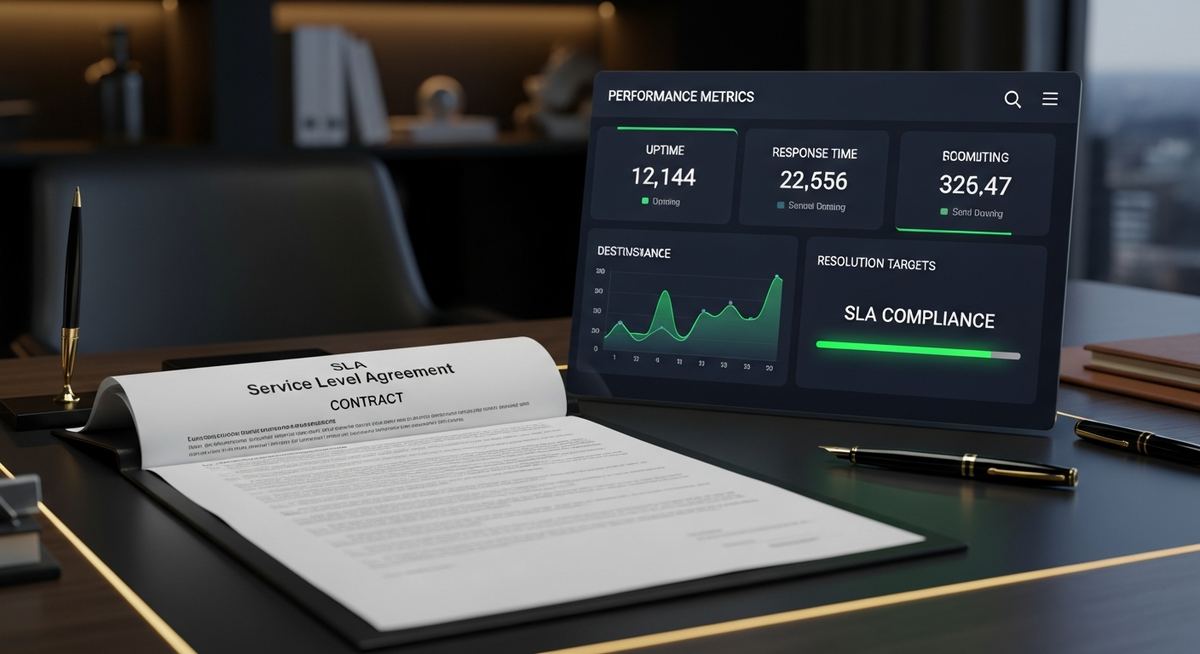 IT director reviewing MSP service level agreement with priority levels, response times, resolution targets, and performance reporting commitments highlighted