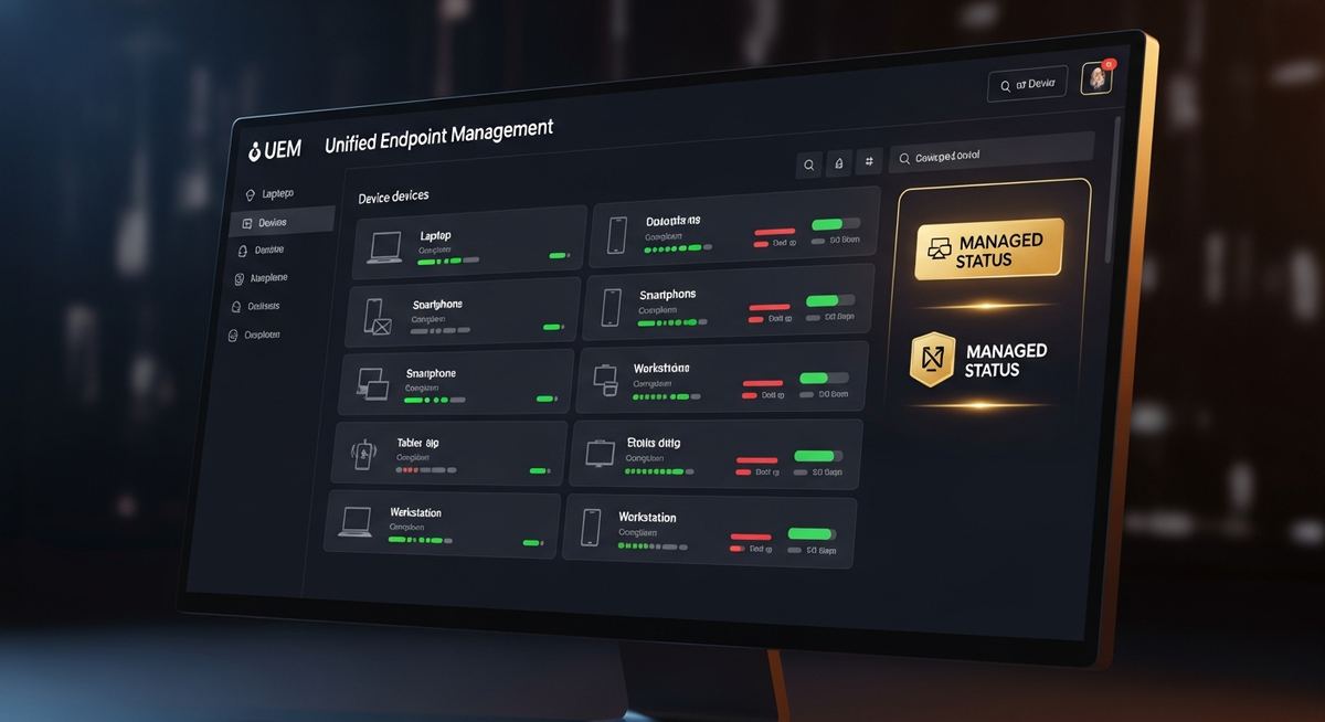IT administrator monitoring unified endpoint management dashboard showing Windows laptops, Mac devices, mobile phones, and tablets all managed through a single policy console