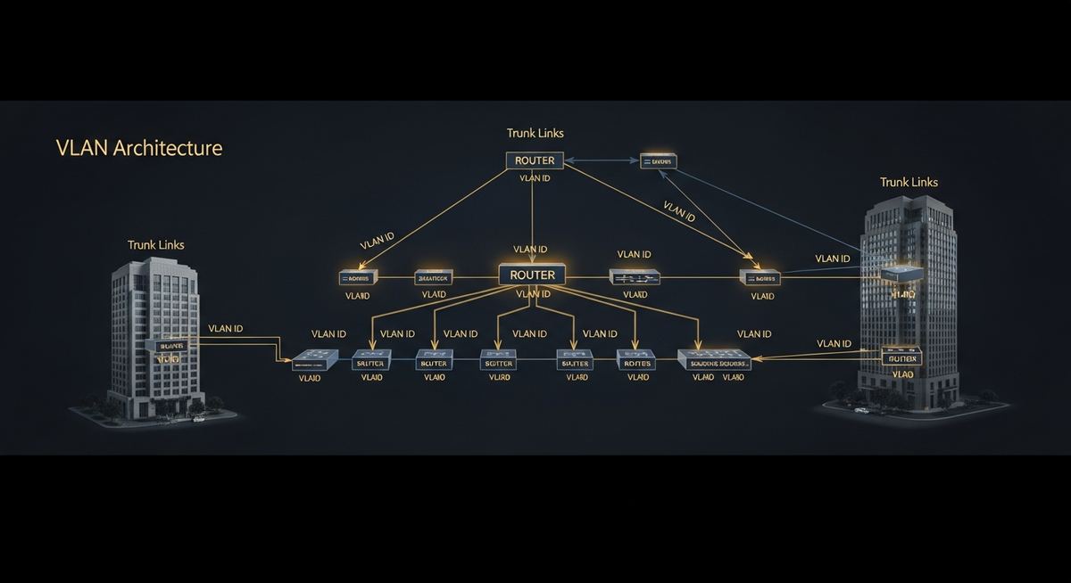 Network engineer designing VLAN architecture for business showing separate VLANs for users, servers, voice, IoT, guest, and management traffic with firewall-controlled inter-VLAN routing