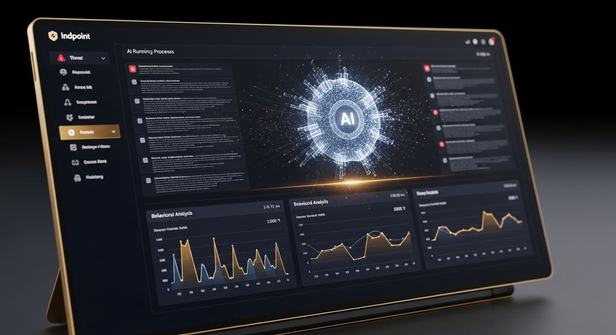 Endpoint detection and response platform showing real-time behavioral monitoring, threat hunting interface, incident timeline reconstruction, and automated containment actions on business endpoints