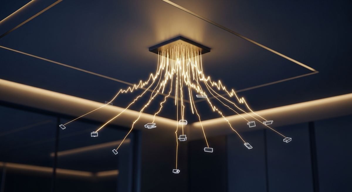 Modern Wi-Fi 7 access point installed in business office ceiling with overlay graphics showing 320 MHz channels, multi-link operation, and improved client density handling