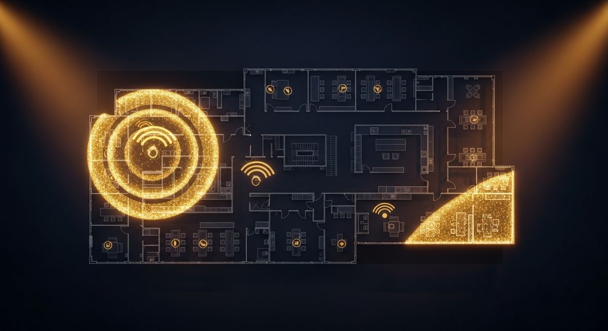 Wireless network designer using site survey heat map and access point placement tool to design business Wi-Fi coverage with optimal channel planning and signal strength